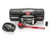 WARN AXON 45 black enclosed-housing winch with steel rope and roller fairlead, shown with corded remote and wireless receiver