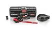 WARN AXON 45RC narrow short-drum black winch with synthetic rope and hawse fairlead, shown with corded remote and wireless receiver