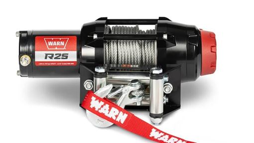 WARN R25 black ATV winch with red end cap, steel rope on the drum, roller fairlead and zinc hook with red WARN hook strap