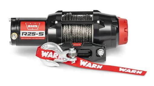 WARN R25-S black ATV winch with red end cap, gray synthetic rope, black hawse fairlead and zinc hook with red WARN hook strap