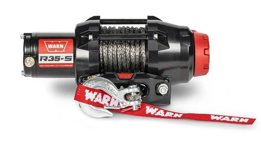 WARN R35-S black ATV winch with red end cap, gray synthetic rope, black hawse fairlead and zinc hook with red WARN hook strap