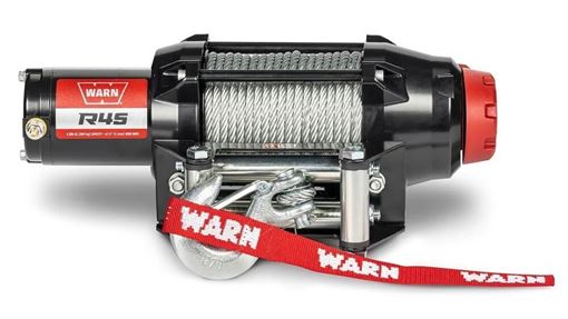 WARN R45 black UTV winch with red end cap, steel rope on the drum, roller fairlead and zinc hook with red WARN hook strap