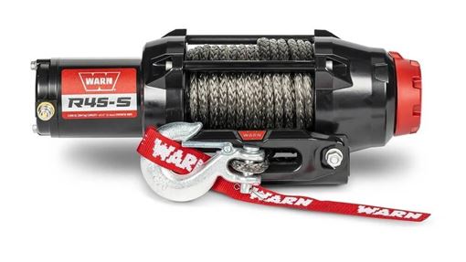 WARN R45-S black UTV winch with red end cap, gray synthetic rope, black hawse fairlead and zinc hook with red WARN hook strap
