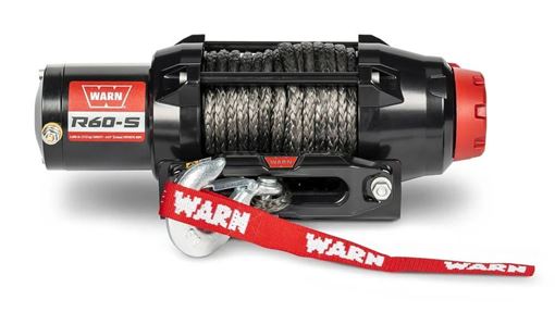 WARN R60-S black UTV winch with red end cap, gray synthetic rope, black hawse fairlead and zinc hook with red WARN hook strap