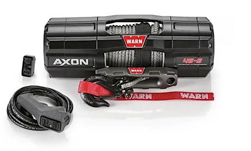 WARN AXON 45-S black enclosed-housing winch with synthetic rope and hawse fairlead, shown with corded remote and wireless receiver