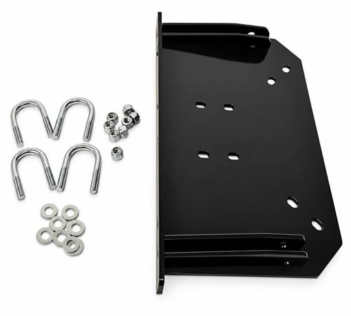 Black WARN 84820 center plow mounting plate for Kymco MXU 400 with U-bolts, nuts and washers on a white background