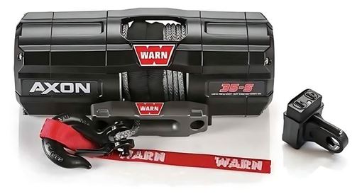 WARN AXON 35-S black enclosed-housing winch with synthetic rope and hawse fairlead, shown with the Rockerbar digital control switch