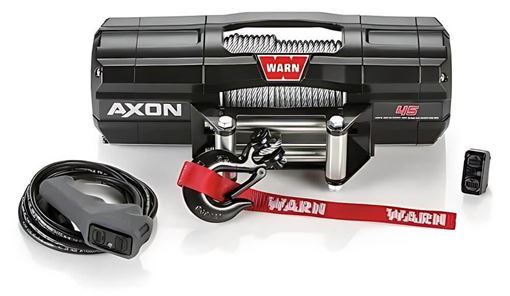 WARN AXON 45 black enclosed-housing winch with steel rope and roller fairlead, shown with corded remote and wireless receiver