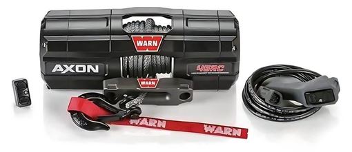 WARN AXON 45RC narrow short-drum black winch with synthetic rope and hawse fairlead, shown with corded remote and wireless receiver