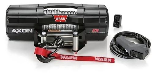WARN AXON 55 black enclosed-housing winch with steel rope and roller fairlead, shown with corded remote and wireless receiver