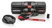 WARN AXON 55-S black enclosed-housing winch with synthetic rope and hawse fairlead, shown with corded remote and wireless receiver