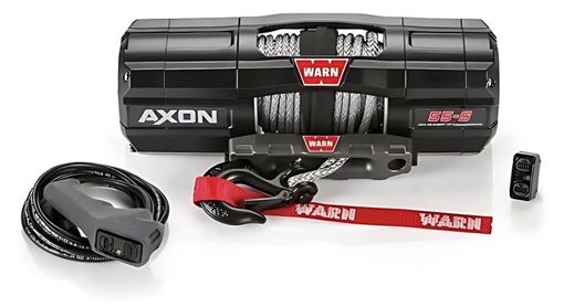 WARN AXON 55-S black enclosed-housing winch with synthetic rope and hawse fairlead, shown with corded remote and wireless receiver